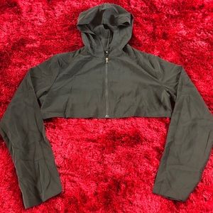 Black hooded crop zip up top/cover up